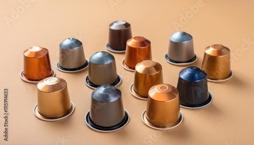 Coffee machine aluminium capsules pods with various fresh aroma coffee taste on beige background