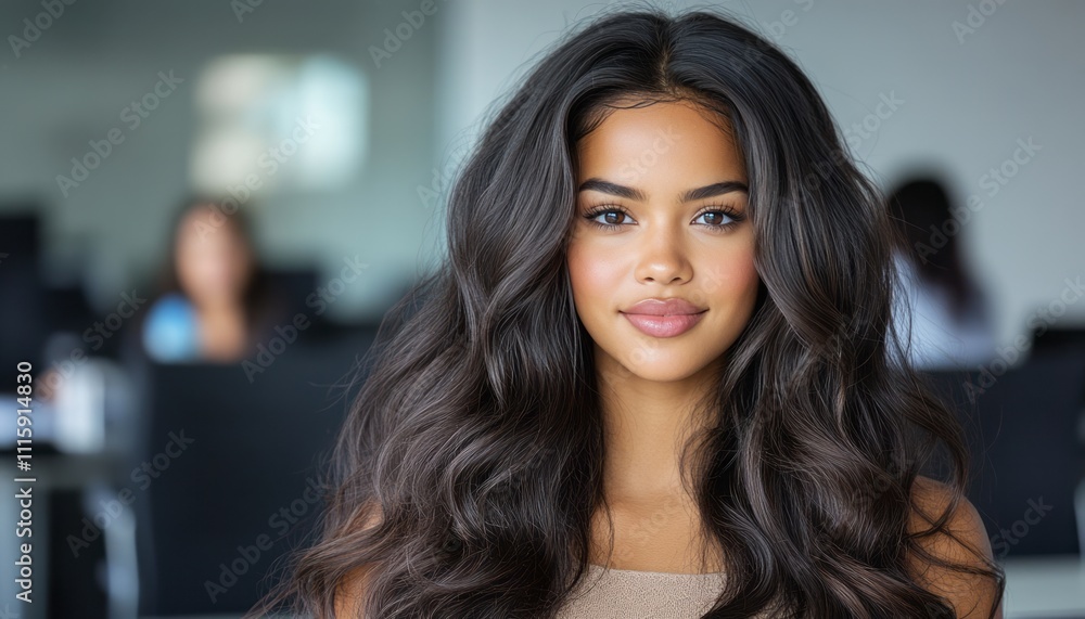 custom made wallpaper toronto digitalA woman showcases her long, wavy hair and smiles in a contemporary office setting