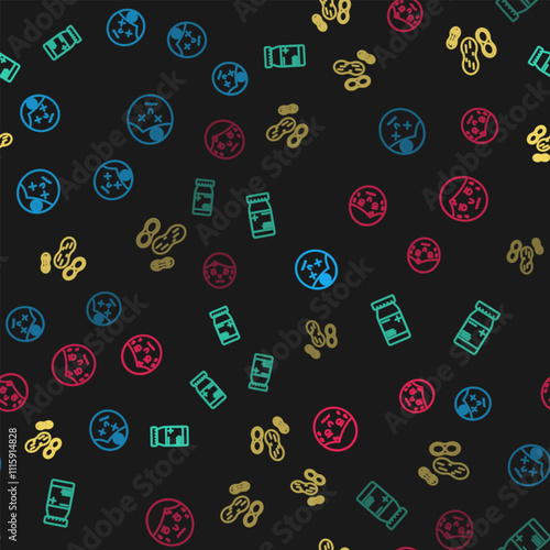 Set line Man having headache, Medicine bottle and pills, Peanut and with excessive sweating on seamless pattern. Vector