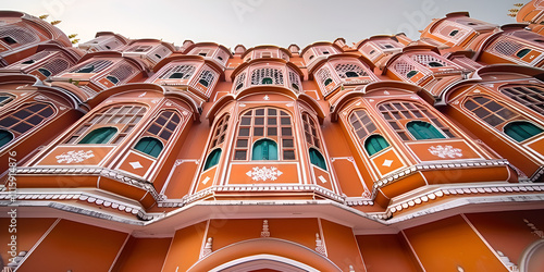 Low-angle view of the ornate pink facade of the Hawa Mahal in Jaipur, India.

