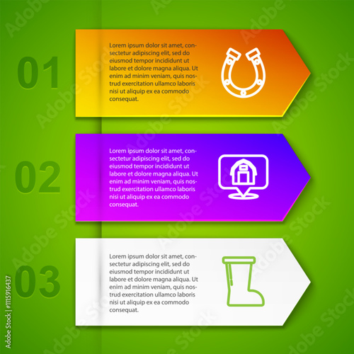 Set line Horseshoe, Location farm house, Waterproof rubber boot and Shovel and rake. Business infographic template. Vector