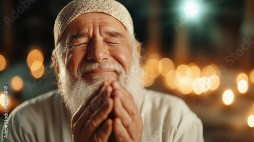 An elderly man with a smiling face and closed eyes, gently clasping his hands in prayer amidst the soft glow of candlelight, symbolizing joy and gratitude. photo