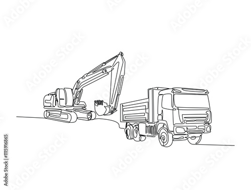 Continuous one line drawing of excavator and dump truck. Excavator is loading material into heavy dump line draw vector illustration. Editable vector.