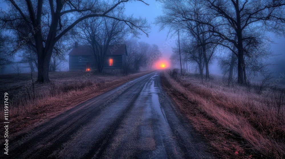 Misty Rural Road at Dusk with Illuminated Farmhouse in the Distance Misty Rural Road at Dusk with Illuminated Farmhouse in the Distance