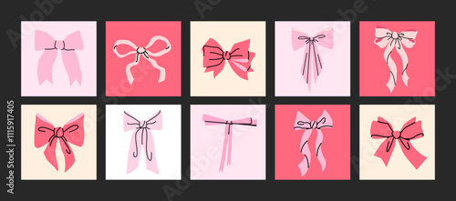 Cartoon ribbon bows accessories.Pink vintage girly pink bows for hair decoration.Cute trendy stickers set in coquette style photo