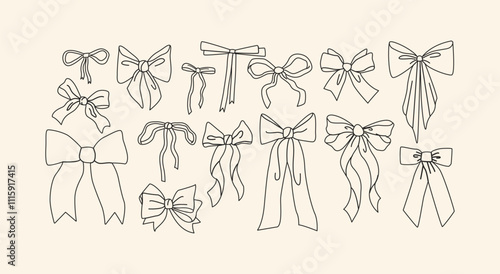 Cartoon ribbon bows accessories.Linear vintage girly pink bows for hair decoration.Cute trendy stickers set in coquette style	