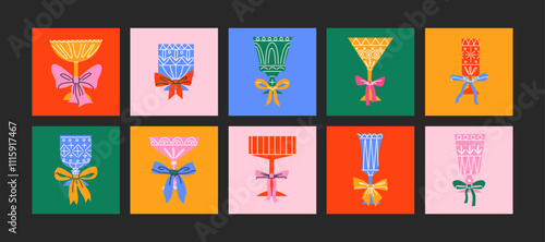Set of festive glasses for alcoholic cocktails of different forms. Decorative elegant faceted glasses on legs with ribbons and bows. New Year's stickers of the holiday and fun. Container for drink