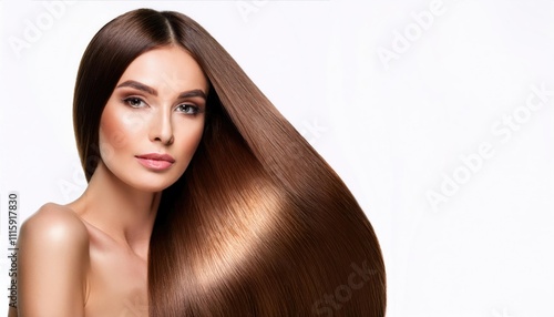 Beautiful model with long brown silky shining hair for hair products advertising