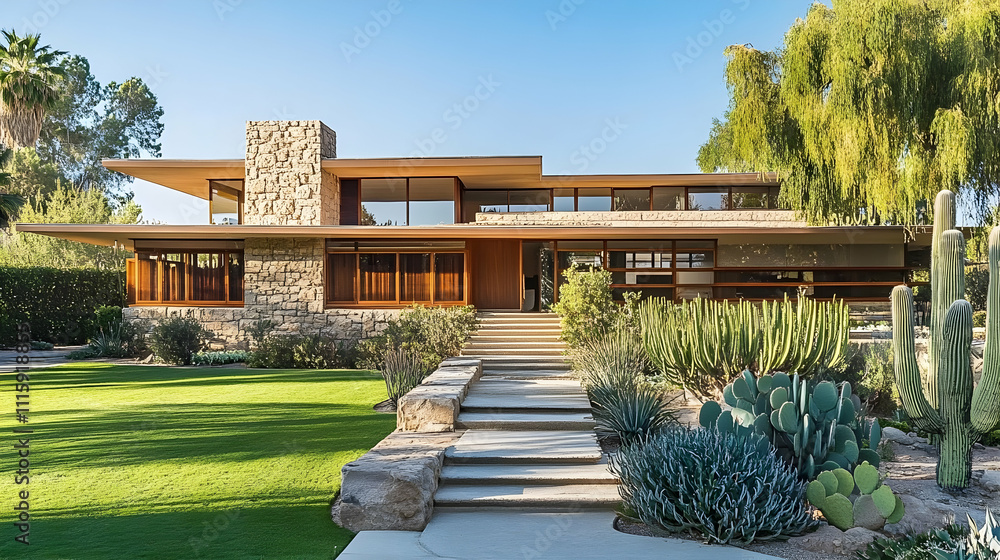Obraz premium Modern Ranch Home with Stone Facade and Desert Garden, Contemporary Scottsdale Estate