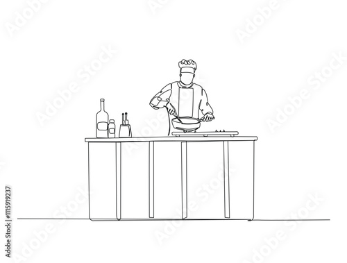 Continuous one line drawing of chef cooking in the kitchen. Professional chef holds pan in single line draw vector illustration. Editable vector.