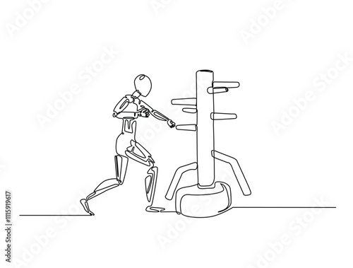 Continuous line drawing art of robot training with wing chun dummy. cyborg practicing martial arts illustration, editable stroke.