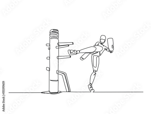 Continuous line drawing art of robot training with wing chun dummy. cyborg practicing martial arts illustration, editable stroke.