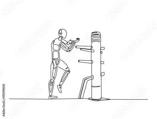 Continuous line drawing art of robot training with wing chun dummy. cyborg practicing martial arts illustration, editable stroke.