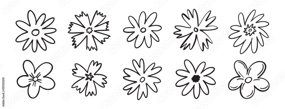 flowers decoration doodle hand drawn icon set. Outline drawing chamomile flower buds line clipart symbol collection. flowers decoration doodle hand drawn icon set. Outline drawing chamomile flower buds line clipart symbol collection.