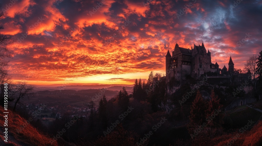 Obraz premium Fiery sunset illuminates castle on hilltop.
