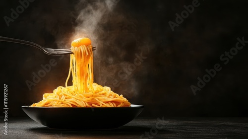 A visually warming image of steaming pasta crowned with rich sauce and an egg yolk, inviting a hungry gaze, symbolizing warmth and culinary delight in simplicity. photo