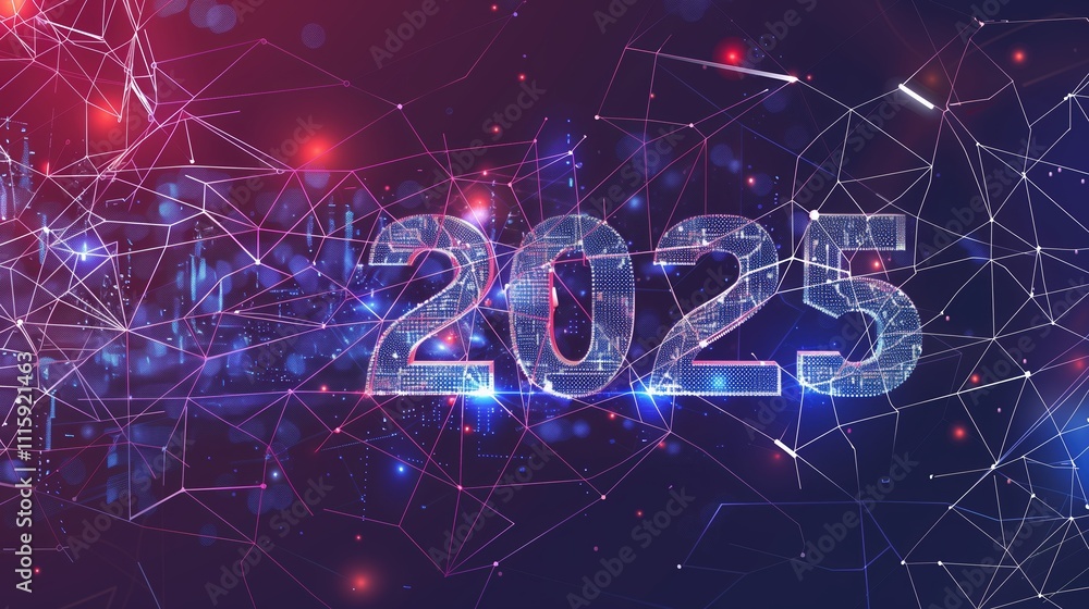 Obraz premium New Year 2025. Futuristic holographic, glowing digital fire Numbers 2025. Holiday card. New Year. Christmas. Holiday. 