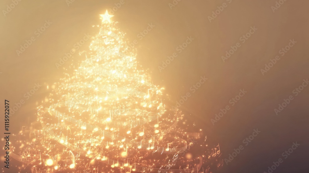 A glowing Xmas tree made from floating musical notes, shining brightly on a soft beige background, ideal for holiday designs A glowing Xmas tree made from floating musical notes, shining brightly on a soft beige background, ideal for holiday designs