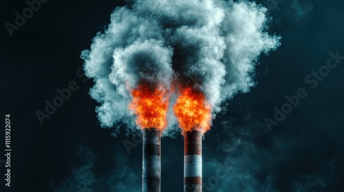 Two industrial chimneys emit blazing fire and dense smoke at their tops, symbolizing industrial power, pollution, and energy generation against a dark background. photo