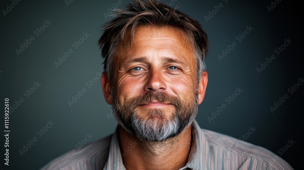 Close-up portrait of a smiling middle-aged man with a rugged beard, wearing a striped shirt, set against a soft focused dark background. Capturing warmth and positivity. Close-up portrait of a smiling middle-aged man with a rugged beard, wearing a striped shirt, set against a soft focused dark background. Capturing warmth and positivity.