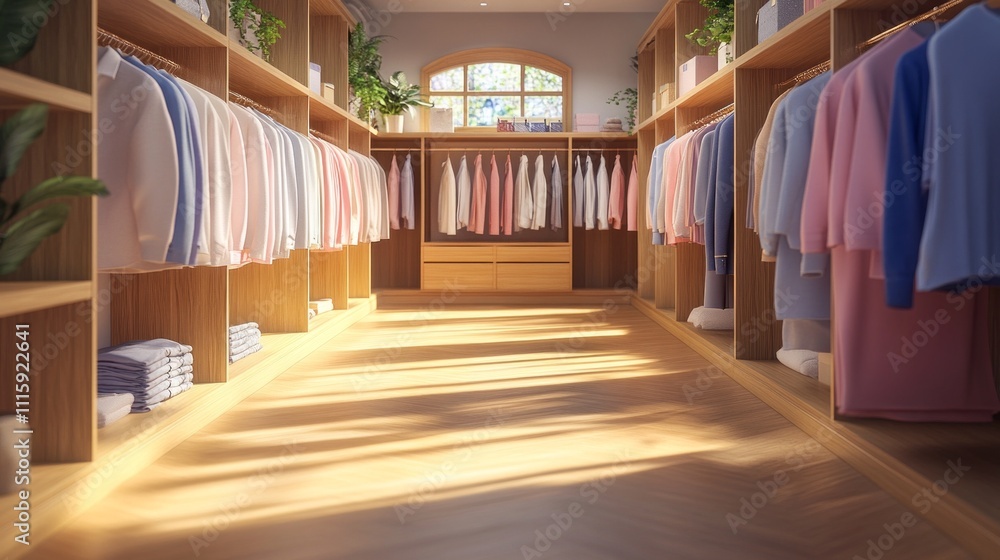 Beneath warm sunlight, a beautifully organized rack showcases a delightful array of pastel-colored clothing. Shelves line the walls, blending style with serenity Beneath warm sunlight, a beautifully organized rack showcases a delightful array of pastel-colored clothing. Shelves line the walls, blending style with serenity
