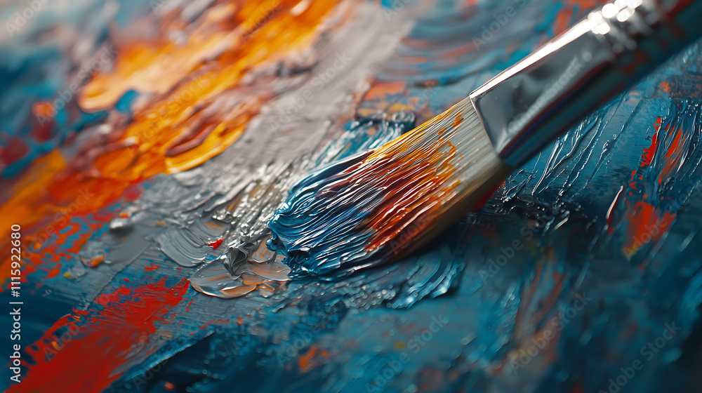 Fototapeta premium Close-up shot of a painters brush delicately applying oil paint to a canvas