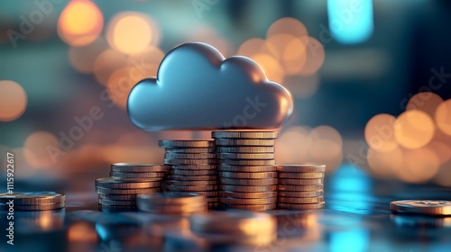 3D rendering of a cloud icon above a stack of coins, suitable for financial or tech-related visuals. photo