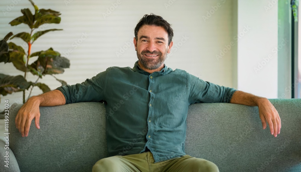 Fototapeta premium young attractive and happy 30s man smiling relaxed and comfortable sitting at living room