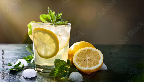 lemonade drink or alcoholic cocktail with ice, mint and lemon slices photo