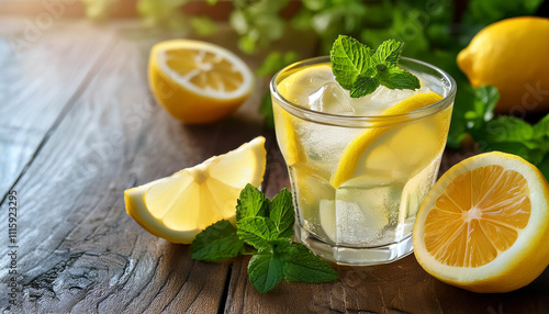 lemonade drink or alcoholic cocktail with ice, mint and lemon slices photo