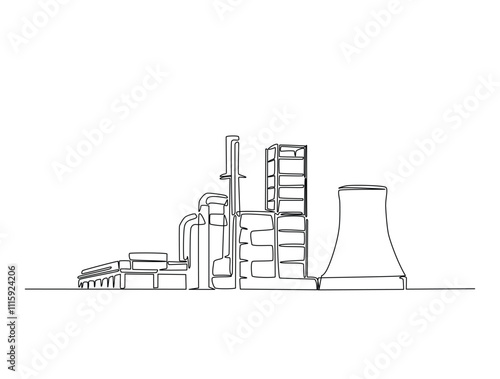 Continuous one line drawing of industrial plant construction. Factory architecture buildings illustration. Editable vector.