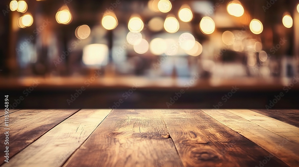 Empty Beautiful Wooden Table Top with Blurred Background Lights Empty Beautiful Wooden Table Top with Blurred Background Lights