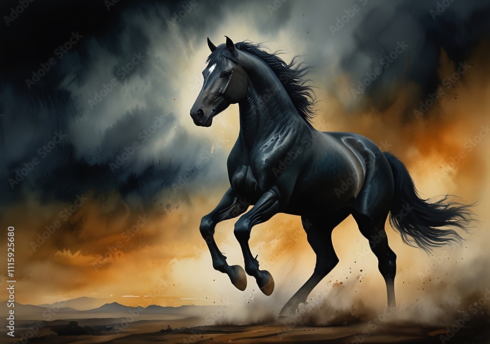 Obraz premium Majestic Black Stallion Running Across Desert Landscape