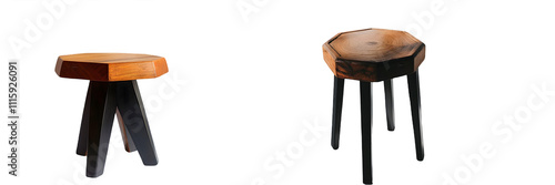 Modern wooden stool with a hexagonal top and sleek black legs. Generative AI. photo