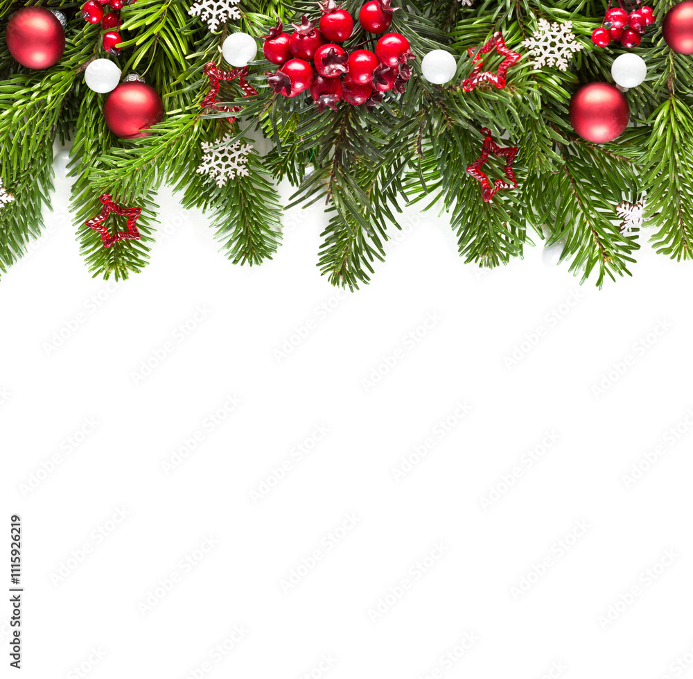 Fir branch with Christmas ornaments isolated on white background. Flat lay. New Year holiday background.
