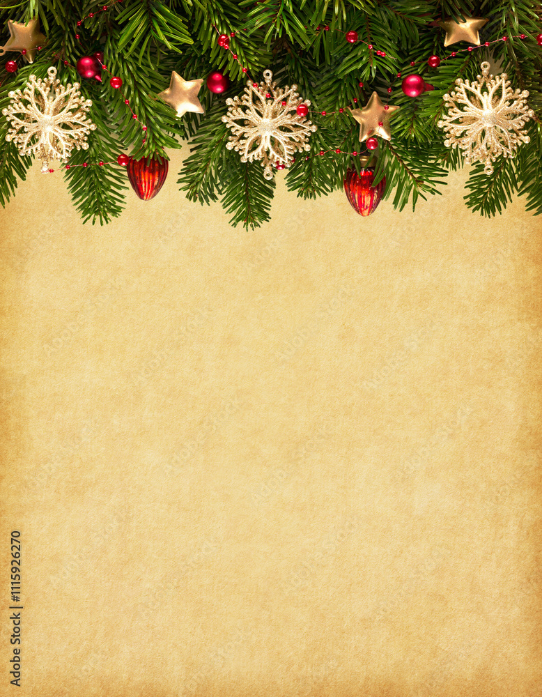 Fir branch with Christmas decorations on old yellowed paper background with empty space for text. Flat lay. Vintage Christmas and New Year holidays background.....