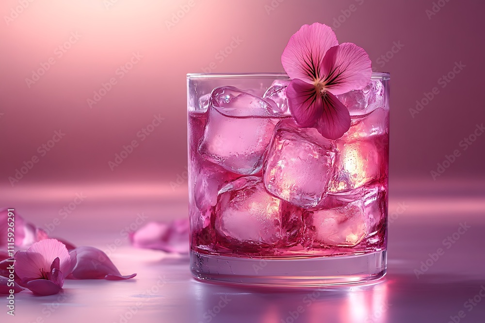 A refreshing pink cocktail with ice and a pansy flower A refreshing pink cocktail with ice and a pansy flower