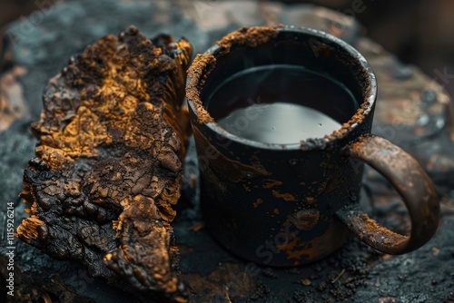 Two antique metal items, a black coffee cup and a matching pot, sitting on top of dirty ground, each showing signs of rust and age with frosting and grime. photo