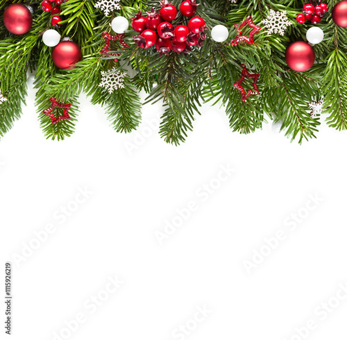 Obraz na płótnie Fir branch with Christmas ornaments isolated on white background. Flat lay. New Year holiday background. w salonie