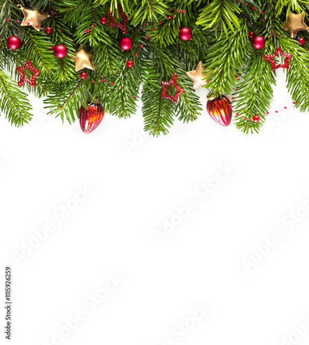 Obraz na płótnie Fir branch with Christmas ornaments isolated on white background. Flat lay. New Year holiday background. w salonie