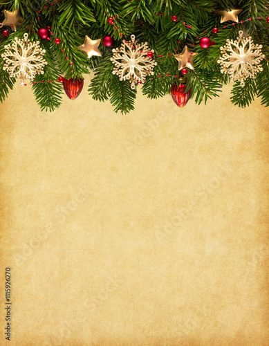 Obraz na płótnie Fir branch with Christmas decorations on old yellowed paper background with empty space for text. Flat lay. Vintage Christmas and New Year holidays background..... w salonie