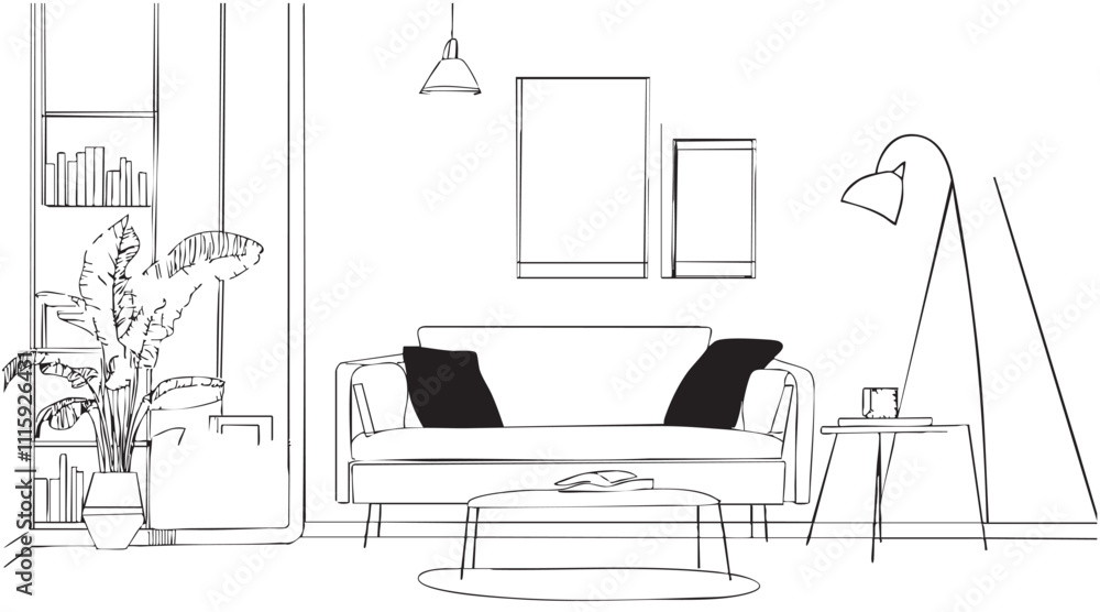 Fototapeta premium Living room graphic black white home interior sketch illustration vector