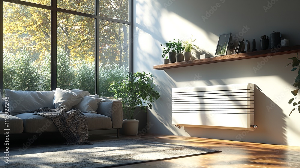 Fototapeta premium A contemporary central heating system with a radiator at home. Generative Ai