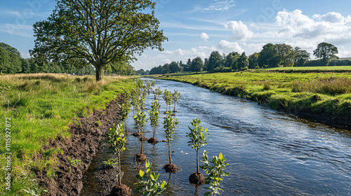 Environmental Saving  and Climate Change Mitigation. A serene river landscape with green banks, young trees planted along the water, and a clear blue sky, creating a peaceful natural setting.