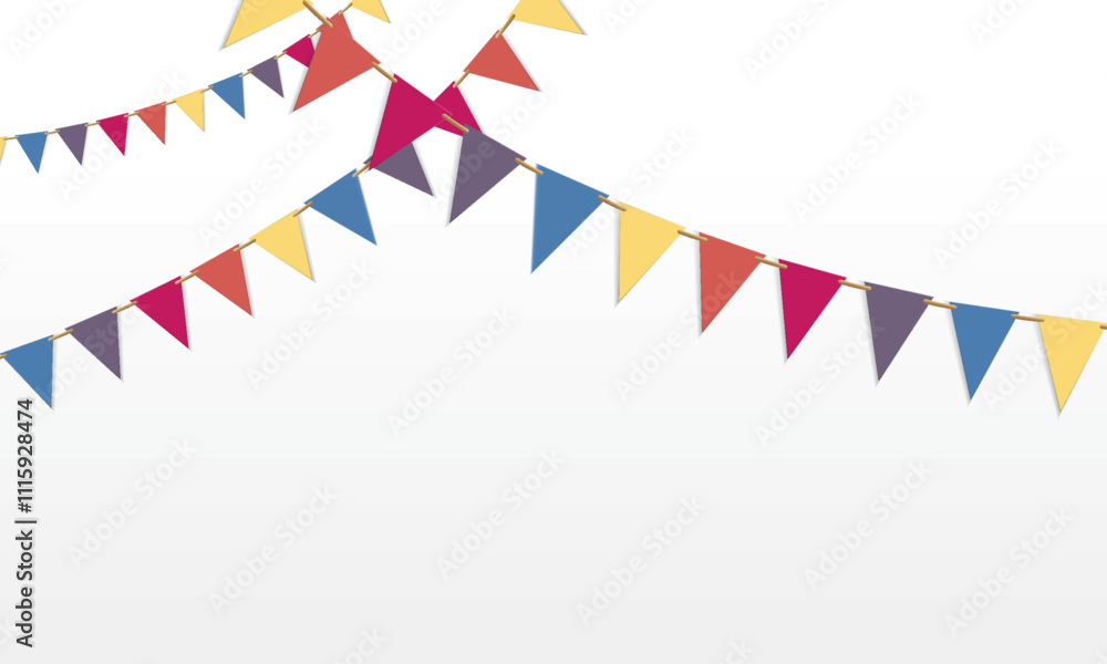 Obraz premium Triangle flag garland for birthday party banner. Fair string pennant flag decoration to celebrate summer carnival. 3d hanging triangle holiday paper border tied with string. festival elements