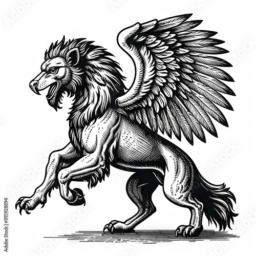 Winged lion creature stands majestically with a fierce expression, showcasing detailed feathers and strong musculature photo