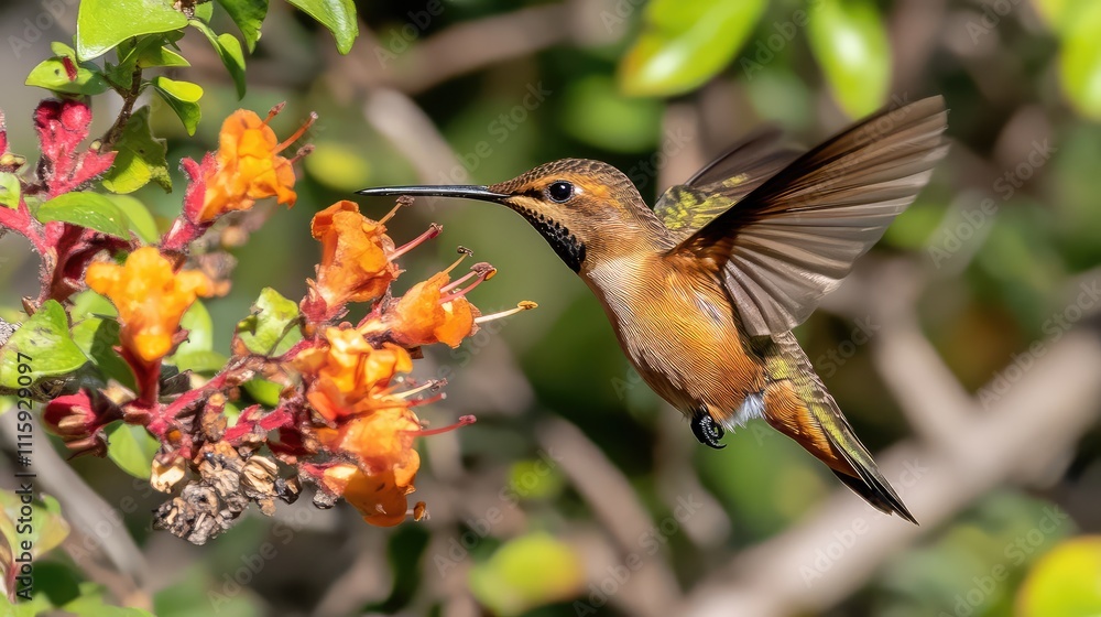 Obraz premium Vibrant Hummingbird Feeding on Orange Flowers in Nature