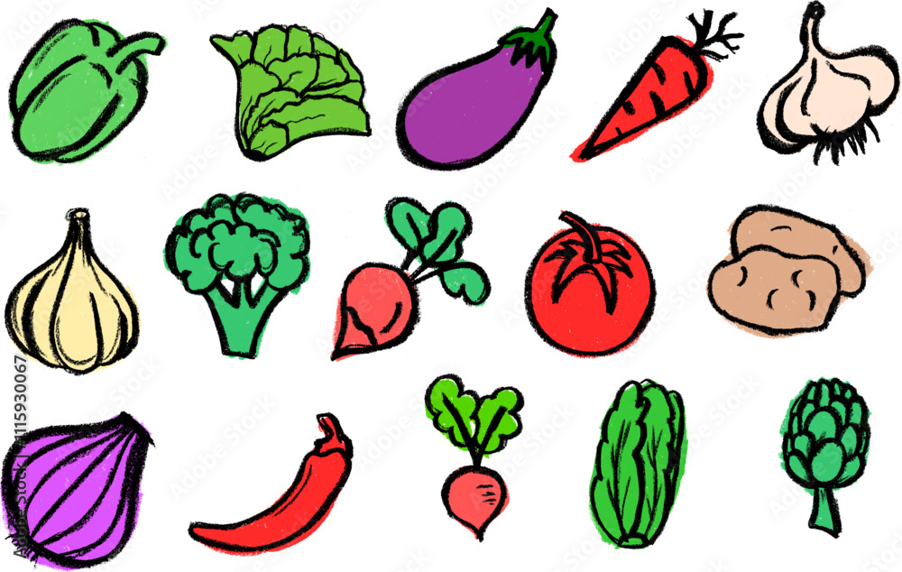 Fototapeta premium Vegetables Colorful Icons Drawing Crayon Chalk Vector Set