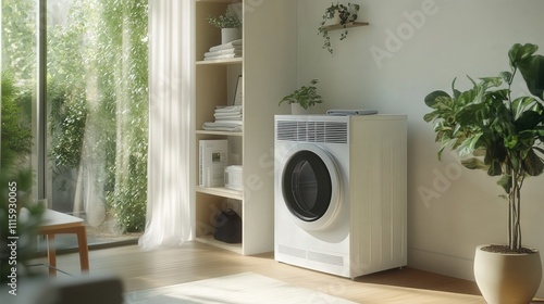 An eco-friendly dryer with a heat pump system that reuses energy to dry clothes, significantly reducing carbon footprint photo