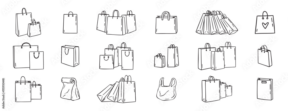 Shopping bags icons doodle hand drawn set. Paper shopping bags drawing line outline vector black Set Shopping bags icons doodle hand drawn set. Paper shopping bags drawing line outline vector black Set